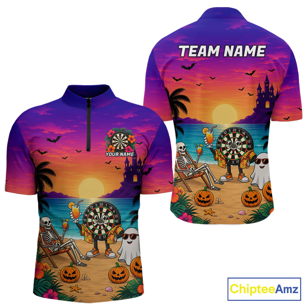Halloween Skeleton Darts Polo 1/4-Zip Shirt For Men Custom Funny Tropical Darts Team Jersey NYN4256