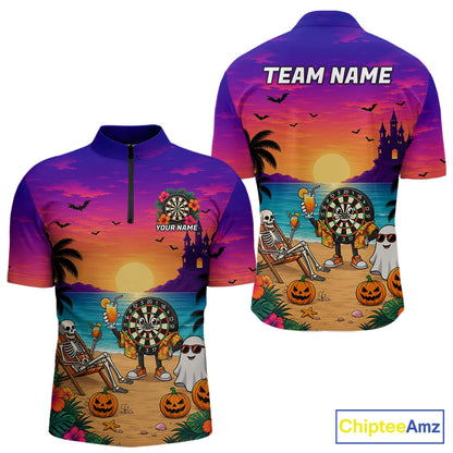 Halloween Skeleton Darts Polo 1/4-Zip Shirt For Men Custom Funny Tropical Darts Team Jersey NYN4256
