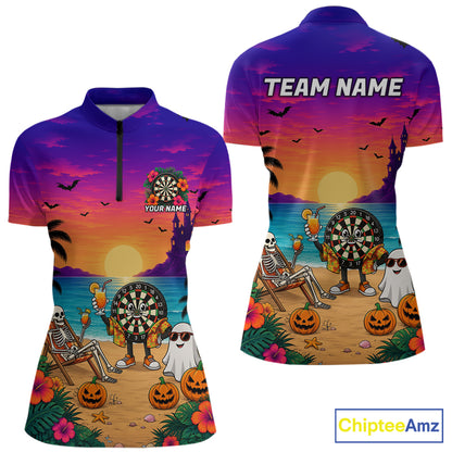 Halloween Skeleton Darts Polo 1/4-Zip Shirt For Women Custom Funny Tropical Darts Team Jersey NYN4256