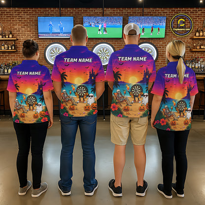 Halloween Skeleton Darts Polo 1/4-Zip Shirt For Men Custom Funny Tropical Darts Team Jersey NYN4256