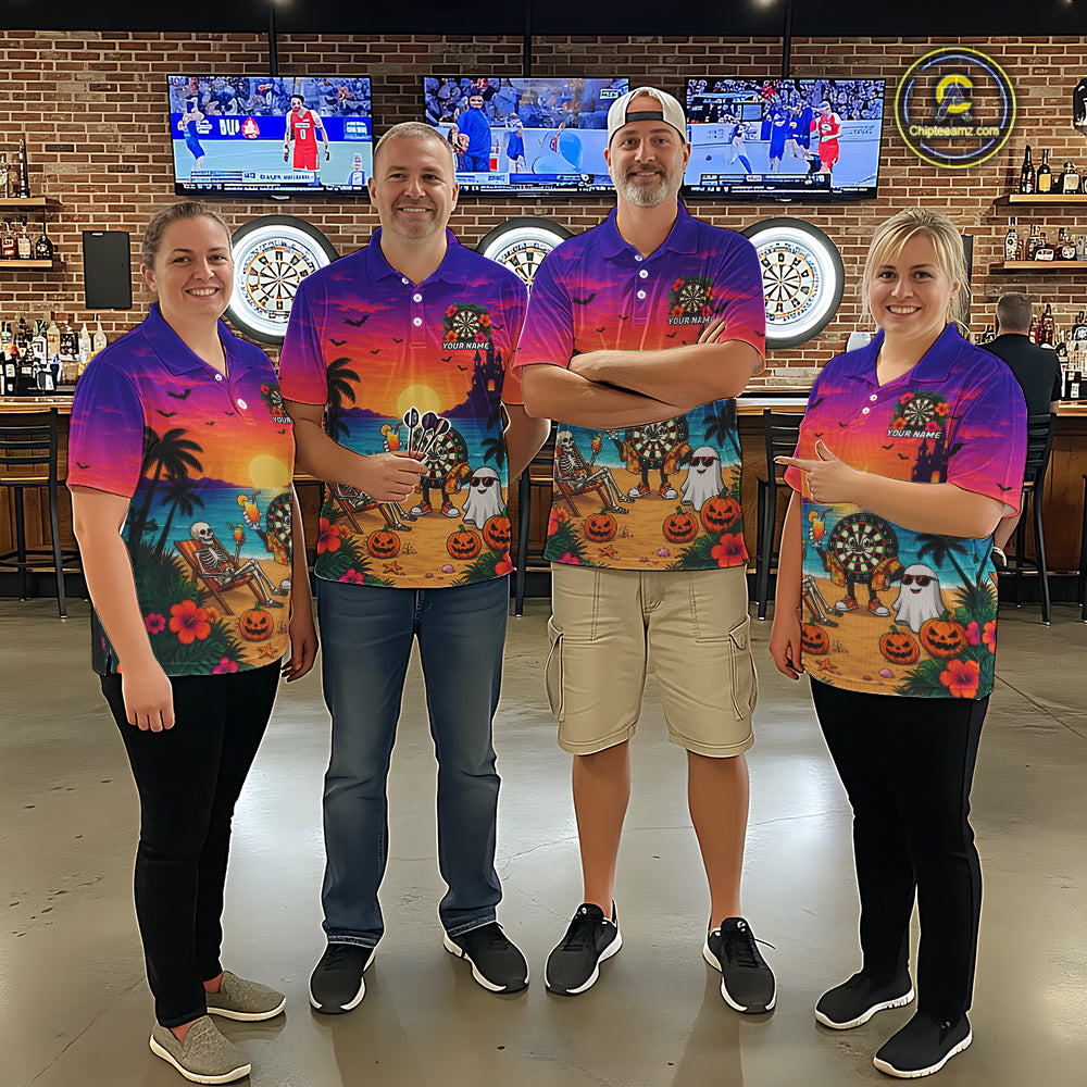 Halloween Skeleton Darts Polo 1/4-Zip Shirt For Men Custom Funny Tropical Darts Team Jersey NYN4256