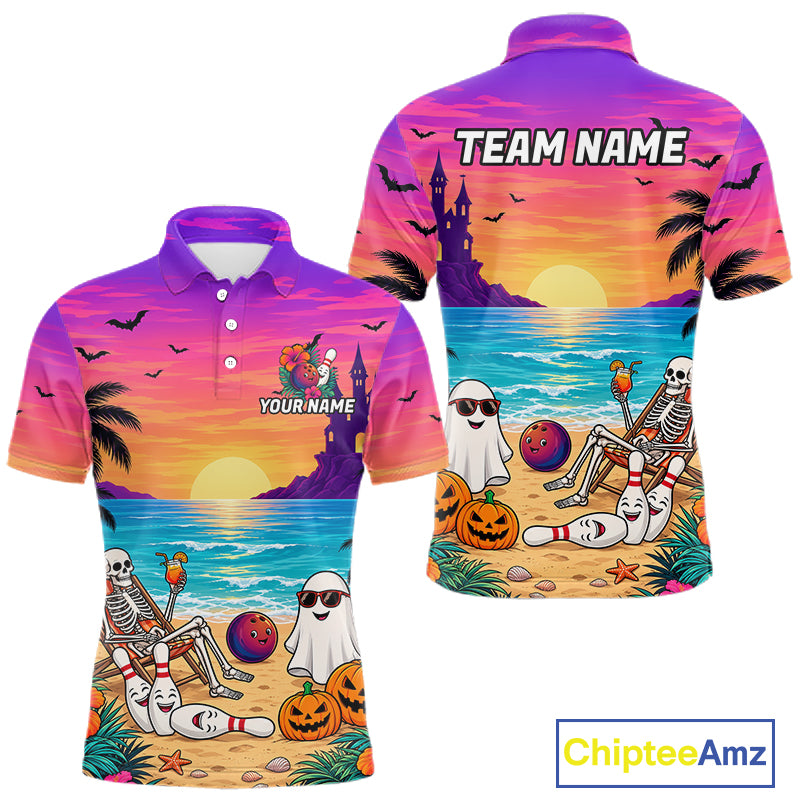 Tropical Skeleton Funny Bowling Custom Halloween Bowling Shirts For Men, Bowling Team Outfits NYN4257