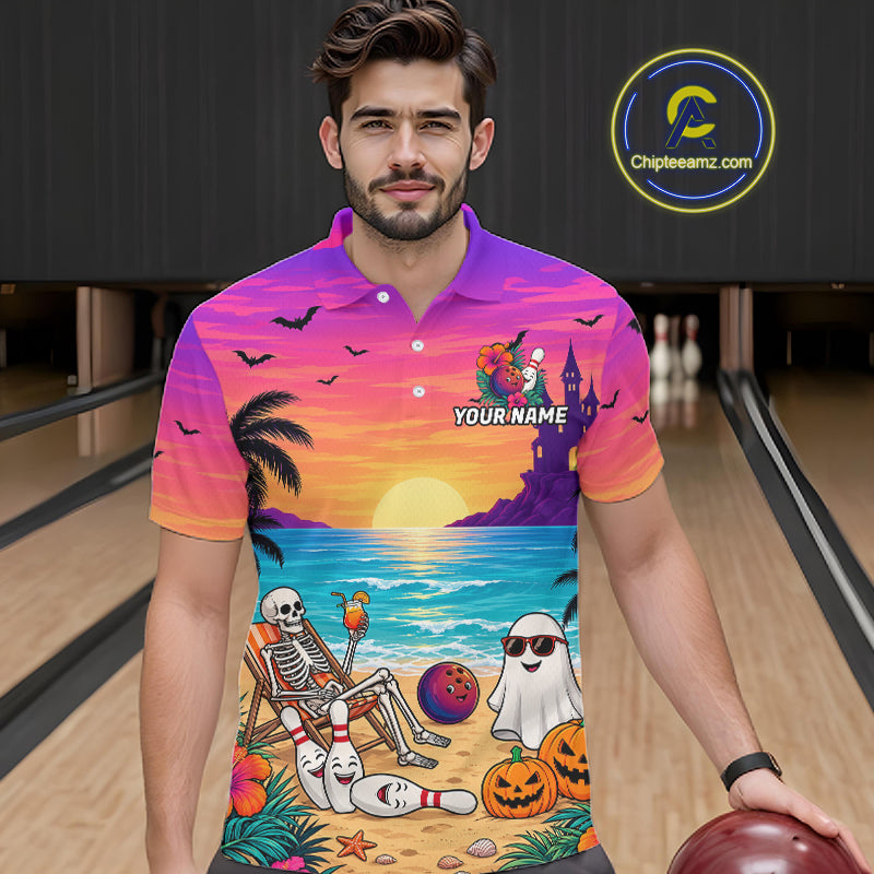 Tropical Skeleton Funny Bowling Custom Halloween Bowling Shirts For Men, Bowling Team Outfits NYN4257