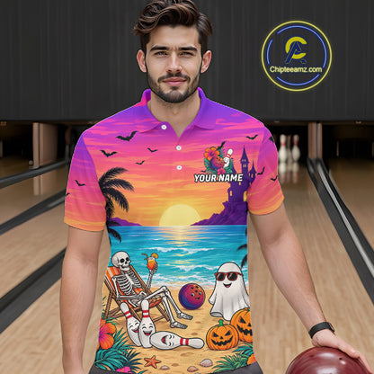 Tropical Skeleton Funny Bowling Custom Halloween Bowling Shirts For Men, Bowling Team Outfits NYN4257