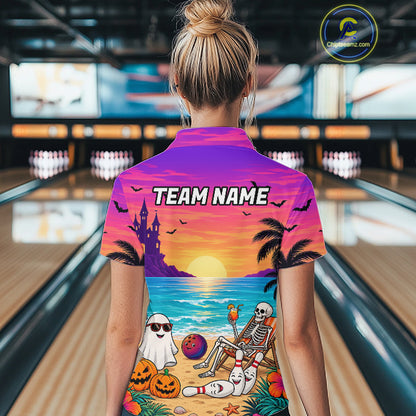 Tropical Skeleton Funny Bowling Custom Halloween Bowling Shirts For Women, Bowling Team Outfits NYN4257