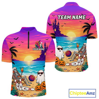 Tropical Skeleton Funny Bowling Custom Halloween Bowling Shirts For Men, Bowling Team Outfits NYN4257
