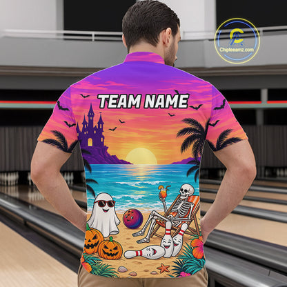 Tropical Skeleton Funny Bowling Custom Halloween Bowling Shirts For Men, Bowling Team Outfits NYN4257