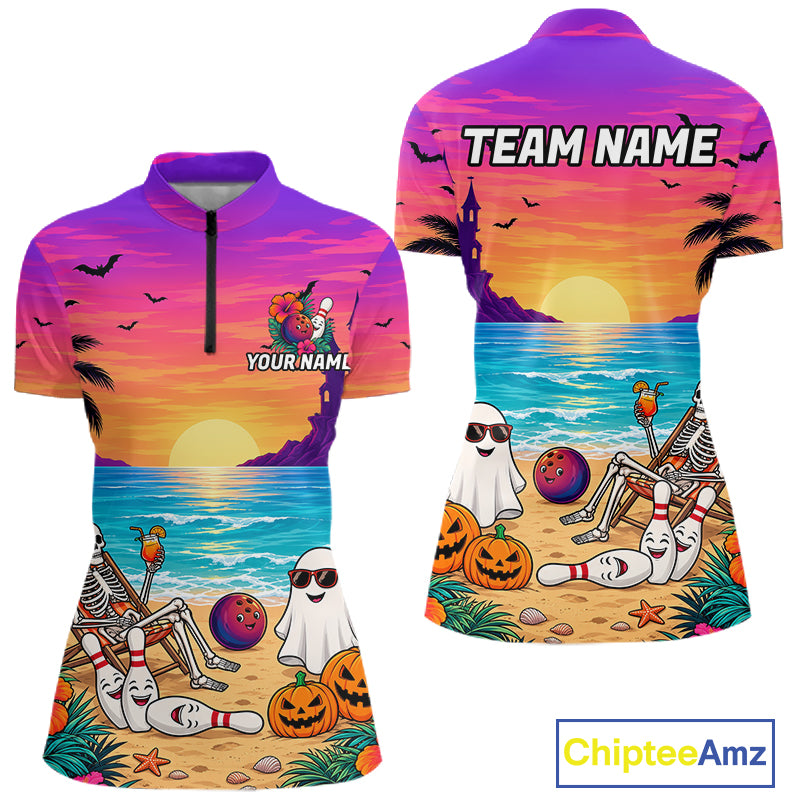 Tropical Skeleton Funny Bowling Custom Halloween Bowling Shirts For Women, Bowling Team Outfits NYN4257