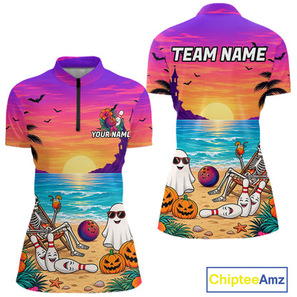 Tropical Skeleton Funny Bowling Custom Halloween Bowling Shirts For Women, Bowling Team Outfits NYN4257