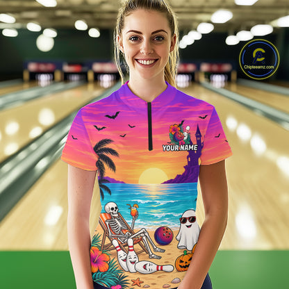Tropical Skeleton Funny Bowling Custom Halloween Bowling Shirts For Women, Bowling Team Outfits NYN4257