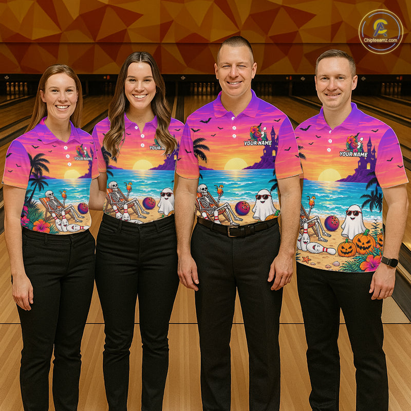 Tropical Skeleton Funny Bowling Custom Halloween Bowling Shirts For Men, Bowling Team Outfits NYN4257
