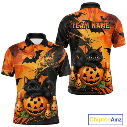 Personalized Halloween Bowling Shirt For Men Custom Name Spooky Cat & Pumpkin Bowling Team Shirt NYN4267