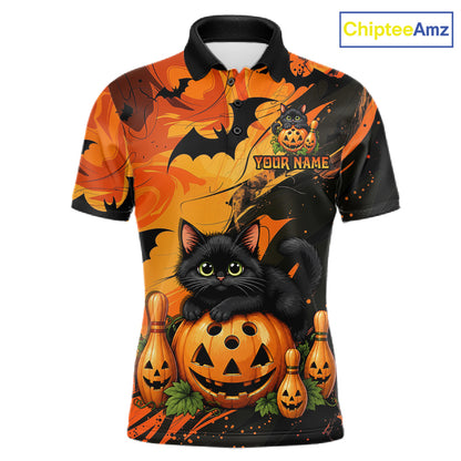 Personalized Halloween Bowling Shirt For Men Custom Name Spooky Cat & Pumpkin Bowling Team Shirt NYN4267