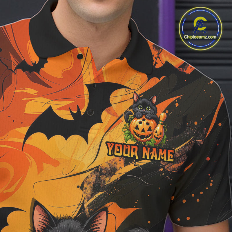 Personalized Halloween Bowling Shirt For Men Custom Name Spooky Cat & Pumpkin Bowling Team Shirt NYN4267