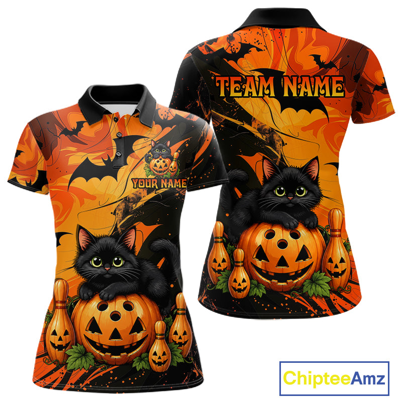 Personalized Halloween Bowling Shirt For Women Custom Name Spooky Cat & Pumpkin Bowling Team Shirt NYN4267