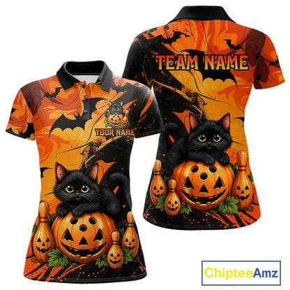 Personalized Halloween Bowling Shirt For Women Custom Name Spooky Cat & Pumpkin Bowling Team Shirt NYN4267