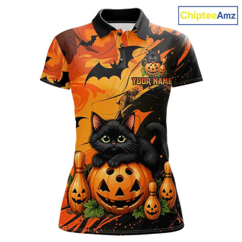 Personalized Halloween Bowling Shirt For Women Custom Name Spooky Cat & Pumpkin Bowling Team Shirt NYN4267