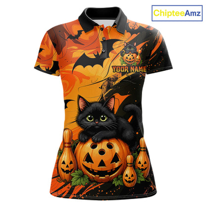 Personalized Halloween Bowling Shirt For Women Custom Name Spooky Cat & Pumpkin Bowling Team Shirt NYN4267