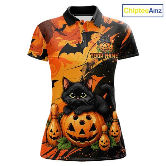 Personalized Halloween Bowling Shirt For Women Custom Name Spooky Cat & Pumpkin Bowling Team Shirt NYN4267