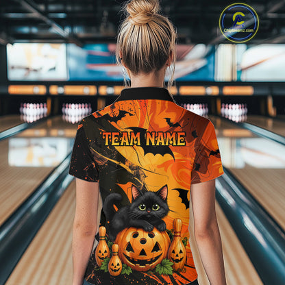 Personalized Halloween Bowling Shirt For Women Custom Name Spooky Cat & Pumpkin Bowling Team Shirt NYN4267