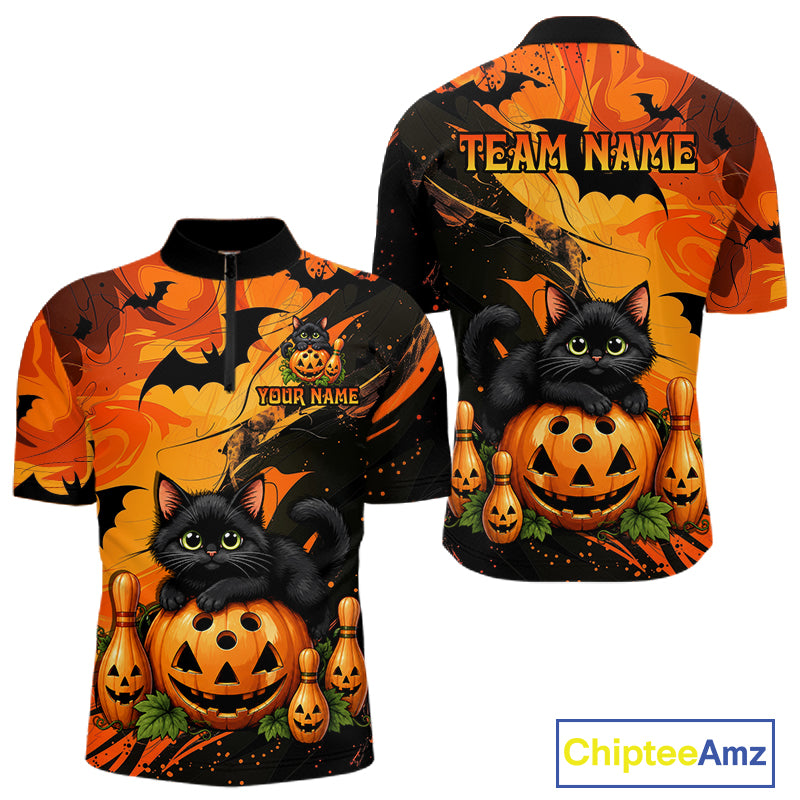 Personalized Halloween Bowling Shirt For Men Custom Name Spooky Cat & Pumpkin Bowling Team Shirt NYN4267