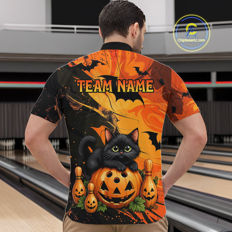 Personalized Halloween Bowling Shirt For Men Custom Name Spooky Cat & Pumpkin Bowling Team Shirt NYN4267
