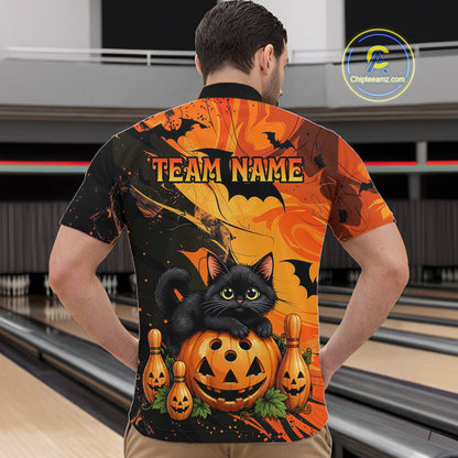 Personalized Halloween Bowling Shirt For Men Custom Name Spooky Cat & Pumpkin Bowling Team Shirt NYN4267