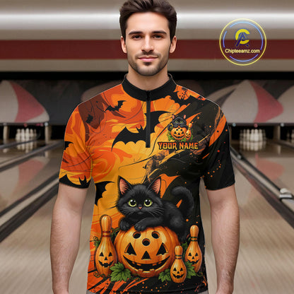Personalized Halloween Bowling Shirt For Men Custom Name Spooky Cat & Pumpkin Bowling Team Shirt NYN4267