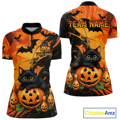 Personalized Halloween Bowling Shirt For Women Custom Name Spooky Cat & Pumpkin Bowling Team Shirt NYN4267