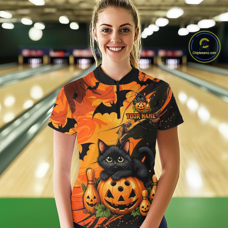 Personalized Halloween Bowling Shirt For Women Custom Name Spooky Cat & Pumpkin Bowling Team Shirt NYN4267