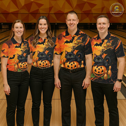 Personalized Halloween Bowling Shirt For Men Custom Name Spooky Cat & Pumpkin Bowling Team Shirt NYN4267