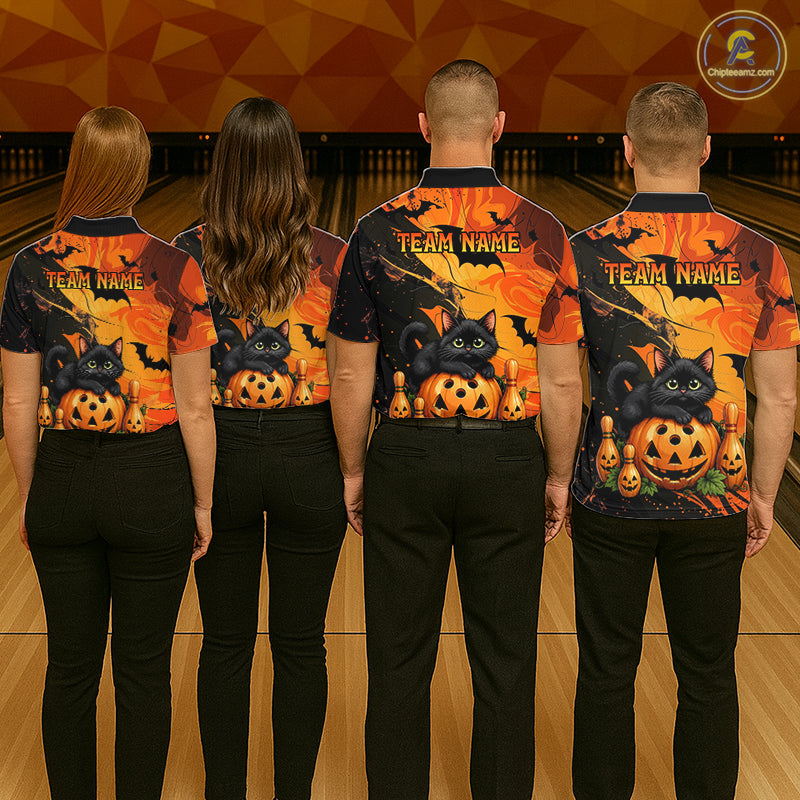 Personalized Halloween Bowling Shirt For Men Custom Name Spooky Cat & Pumpkin Bowling Team Shirt NYN4267