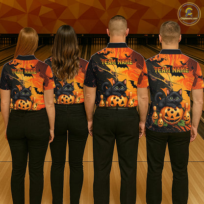 Personalized Halloween Bowling Shirt For Men Custom Name Spooky Cat & Pumpkin Bowling Team Shirt NYN4267