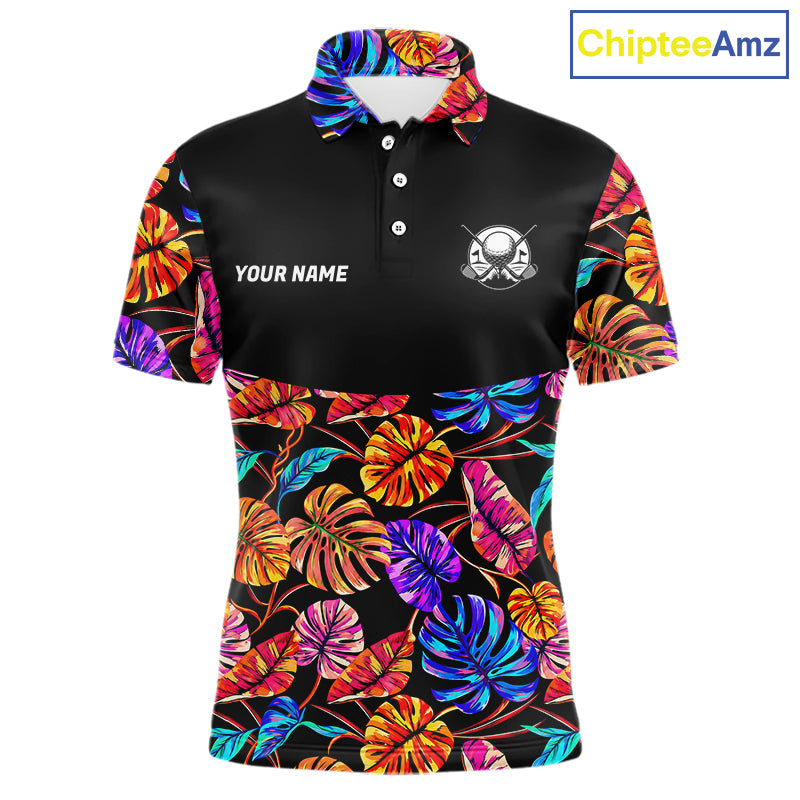 Custom Neon Monstera Golf Polo Shirt For Men Floral Tropical Golf Apparel, Gift For Golfer NYN4676