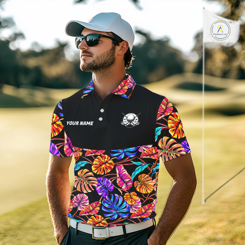 Custom Neon Monstera Golf Polo Shirt For Men Floral Tropical Golf Apparel, Gift For Golfer NYN4676