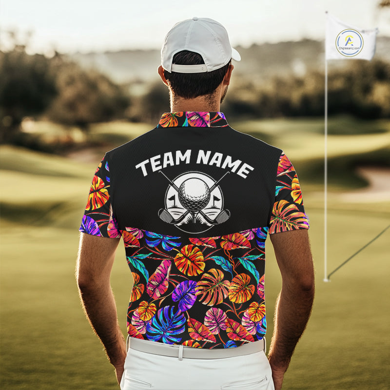 Custom Neon Monstera Golf Polo Shirt For Men Floral Tropical Golf Apparel, Gift For Golfer NYN4676