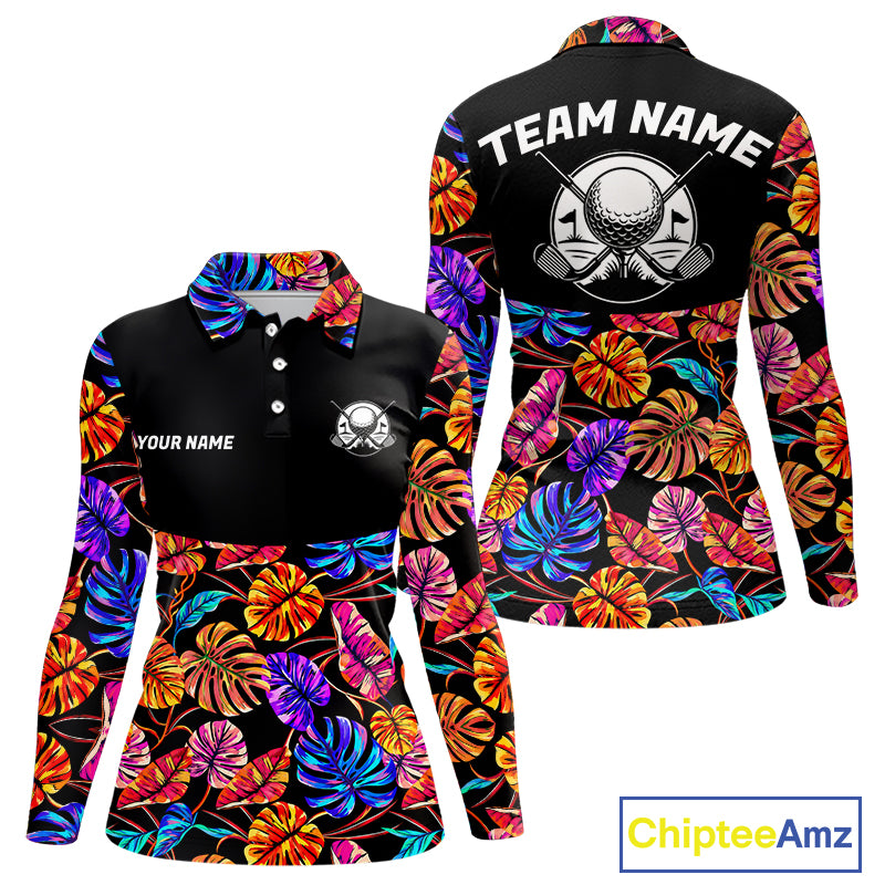 Custom Neon Monstera Golf Polo Shirt For Women Floral Tropical Golf Apparel, Gift For Golfer NYN4676
