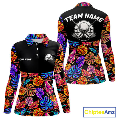 Custom Neon Monstera Golf Polo Shirt For Women Floral Tropical Golf Apparel, Gift For Golfer NYN4676