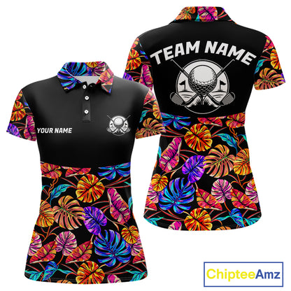 Custom Neon Monstera Golf Polo Shirt For Women Floral Tropical Golf Apparel, Gift For Golfer NYN4676