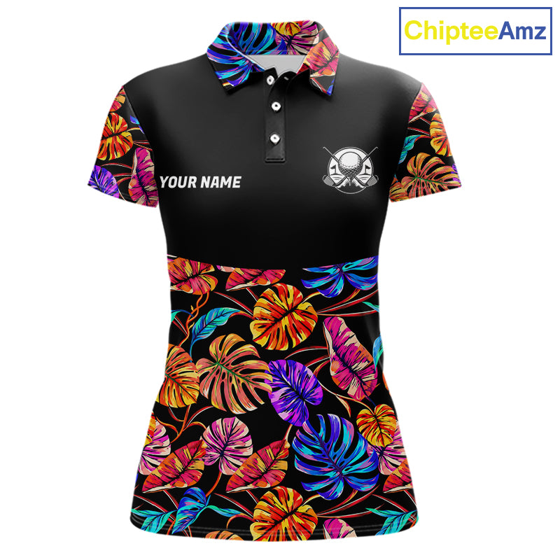 Custom Neon Monstera Golf Polo Shirt For Women Floral Tropical Golf Apparel, Gift For Golfer NYN4676