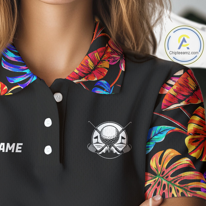 Custom Neon Monstera Golf Polo Shirt For Women Floral Tropical Golf Apparel, Gift For Golfer NYN4676