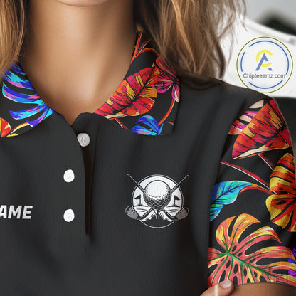 Custom Neon Monstera Golf Polo Shirt For Women Floral Tropical Golf Apparel, Gift For Golfer NYN4676