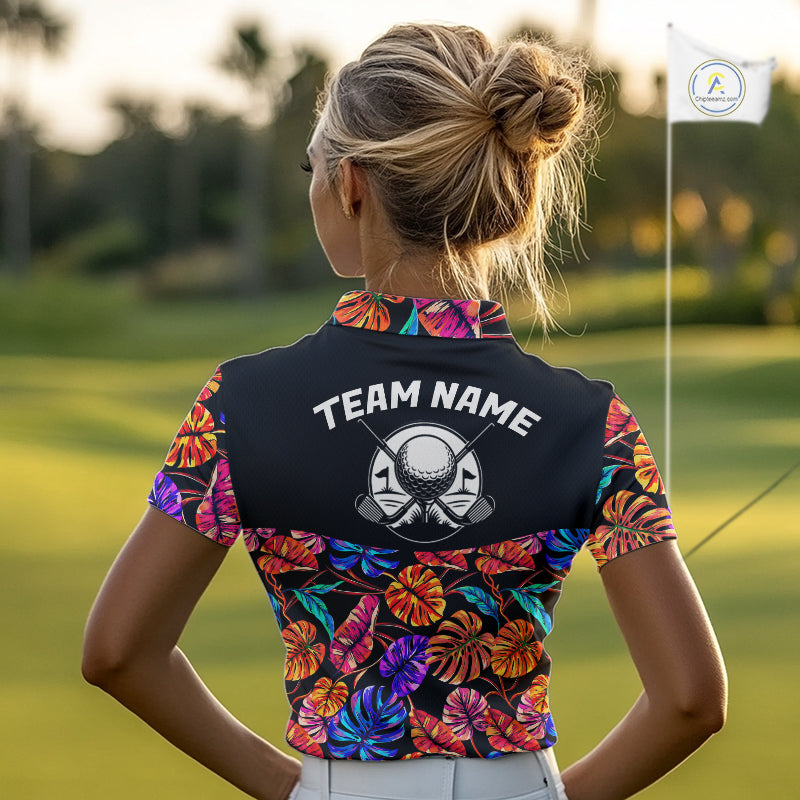 Custom Neon Monstera Golf Polo Shirt For Women Floral Tropical Golf Apparel, Gift For Golfer NYN4676