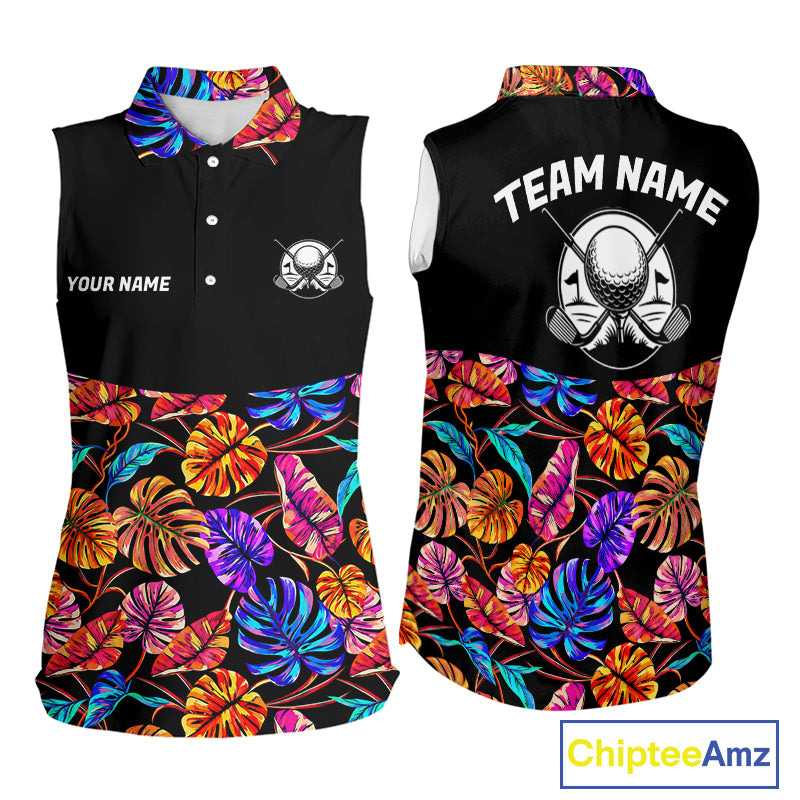 Custom Neon Monstera Golf Sleeveless Polo Shirt For Women Floral Tropical Golf Apparel, Gift For Golfer NYN4676