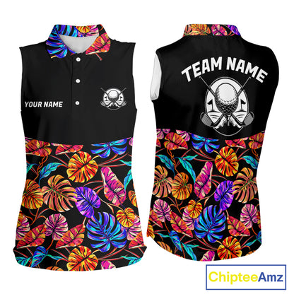 Custom Neon Monstera Golf Sleeveless Polo Shirt For Women Floral Tropical Golf Apparel, Gift For Golfer NYN4676