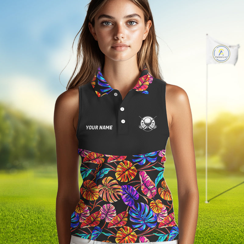 Custom Neon Monstera Golf Sleeveless Polo Shirt For Women Floral Tropical Golf Apparel, Gift For Golfer NYN4676