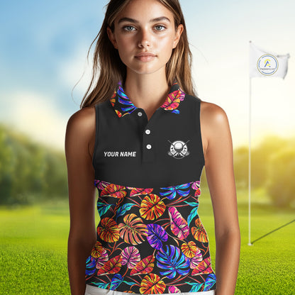 Custom Neon Monstera Golf Sleeveless Polo Shirt For Women Floral Tropical Golf Apparel, Gift For Golfer NYN4676
