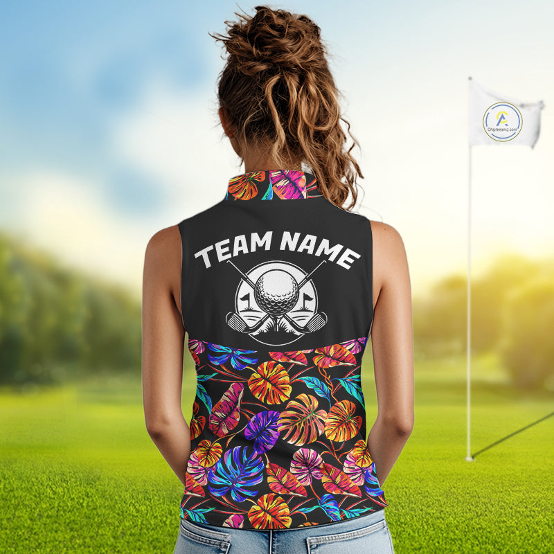 Custom Neon Monstera Golf Sleeveless Polo Shirt For Women Floral Tropical Golf Apparel, Gift For Golfer NYN4676