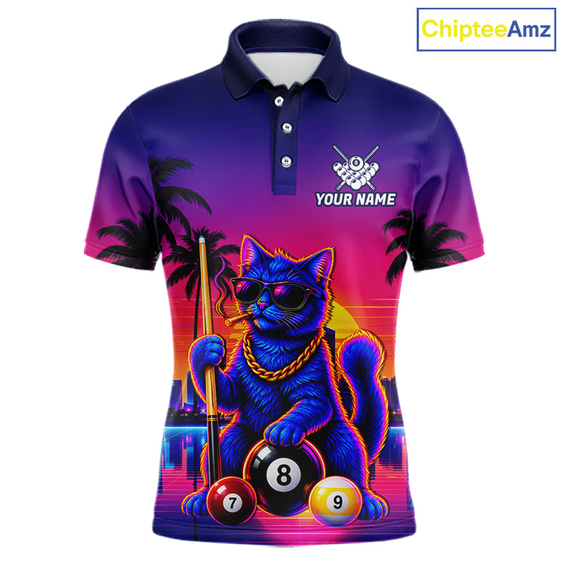 Custom Funny Billiard Shirt For Men Personalized Neon Cat 8-Ball Pool Team Jersey Billiard Apparel NYN4681