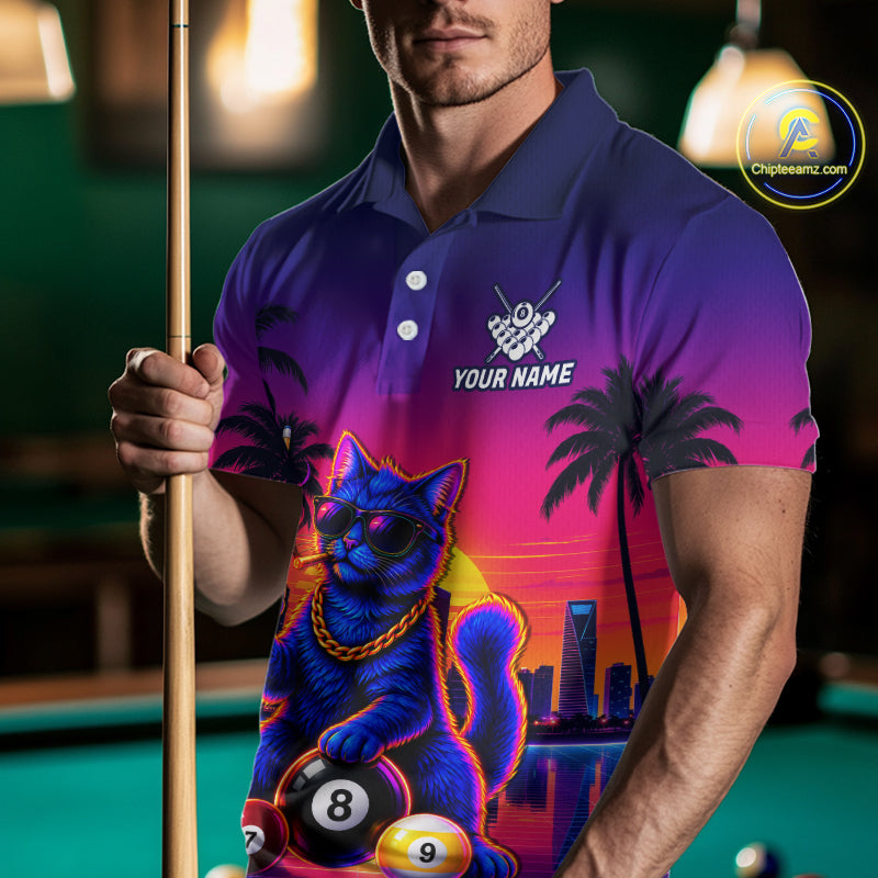 Custom Funny Billiard Shirt For Men Personalized Neon Cat 8-Ball Pool Team Jersey Billiard Apparel NYN4681